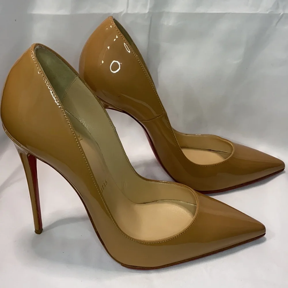 Christian Louboutin Tan Patent Leather Pointed-Toe Pumps